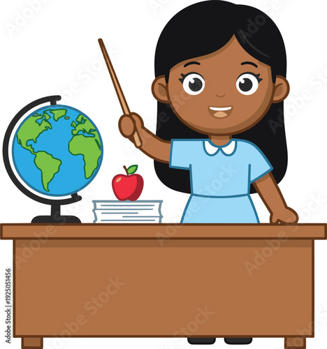 Cute school teacher girl teaching geography with globe and pointer at classroom desk, cartoon education illustration isolated background