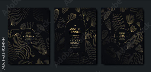Luxury gala invitation, black background, elegant gold floral line pattern with leaves, branches. Premium vector design for wedding invitations, gala dinners, anniversary or birthday cards