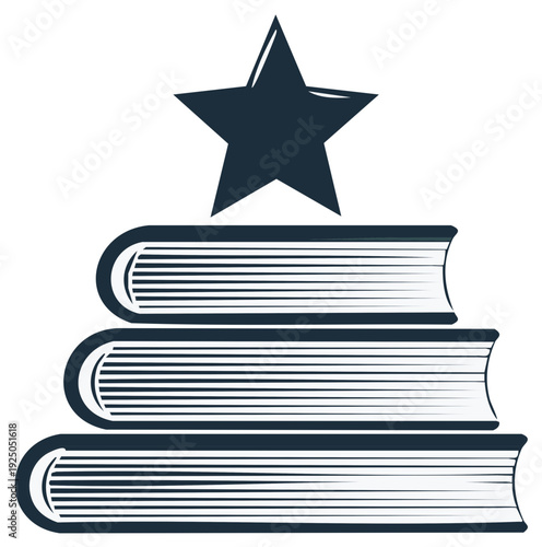 Stack of Three Books with a Star On Top in Line Art
