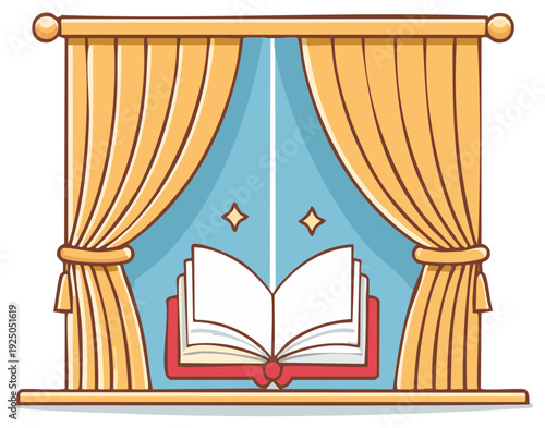Cartoon illustration of a book opened on a window sill with curtains