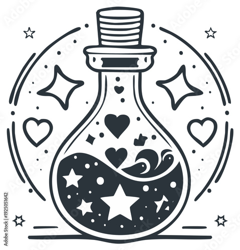 Illustration of a magic potion bottle with hearts, stars and sparkle, outlined with a cap