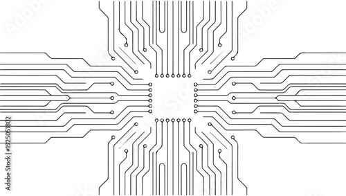 Intricate circuit board design with symmetrical pathways and connecting points