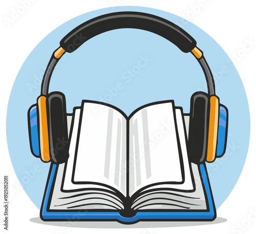 Audiobook concept with headphones on a book icon inside a blue circle