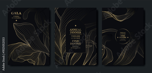 Luxury gala invitation, black background, elegant gold floral line pattern with leaves, branches. Premium vector design for wedding invitations, gala dinners, anniversary or birthday cards