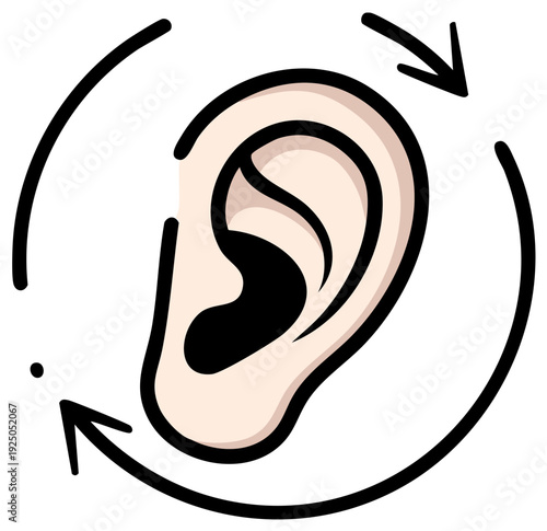 Stylized Human Ear with Circular Arrows Around It indicating turning or ringing sound. Health concept.