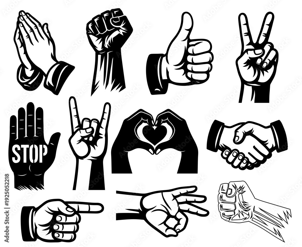 Fototapeta premium Diverse Hand Gestures Vector Set with Thumbs Up, Peace Sign, and Heart Shape