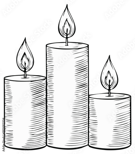 Line Art Illustration Featuring Three Burning Candles with Visible Flames