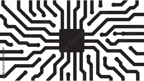 Abstract black and white circuit board pattern with radiating lines