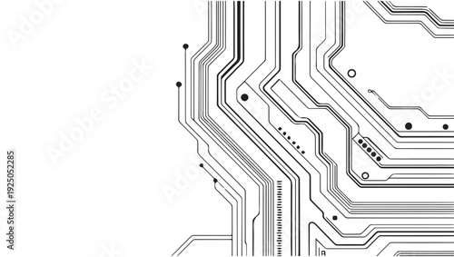 Abstract circuit board pattern with lines dots and geometric shapes on white