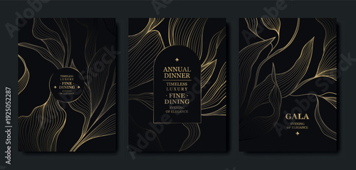 Luxury gala invitation, black background, elegant gold floral line pattern with leaves, branches. Premium vector design for wedding invitations, gala dinners, anniversary or birthday cards