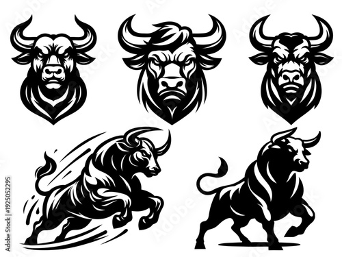 Aggressive Bull Head and Charging Taurus Vector Silhouettes for Sports and Finance Logos