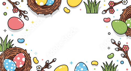 A colorful Easter eggs and nests border illustration in a playful vector style, ideal for holiday greeting cards