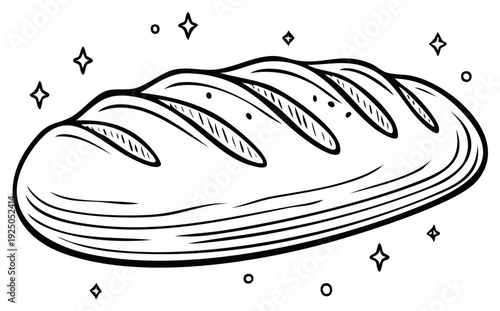 Hand Drawn Loaf of Bread with Star Sparkles, Black and White Illustration