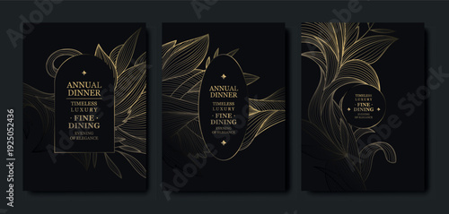 Luxury gala invitation, black background, elegant gold floral line pattern with leaves, branches. Premium vector design for wedding invitations, gala dinners, anniversary or birthday cards