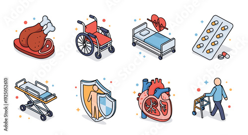 A collection of healthcare and medical icons including a chicken leg, wheelchair, hospital bed, heart, pills, and more in modern vector style, ideal for health and wellness projects