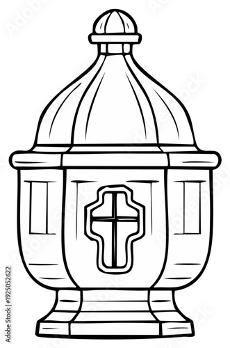 Baptismal font with cross symbol line art illustration. Christian holy water vessel for religious ceremony.