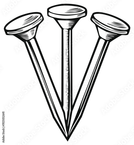 Three nails illustration, construction, carpentry, metalwork concept
