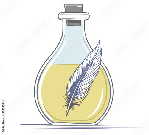 Artistic apothecary bottle with feather and yellow liquid inside