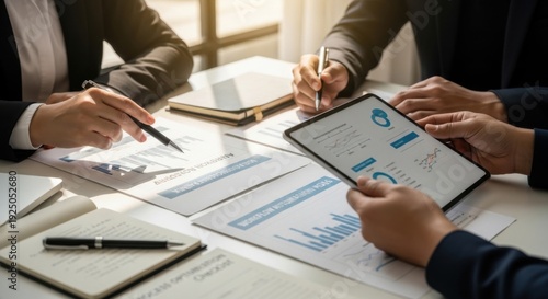 Business team analyzing data and reports in a meeting