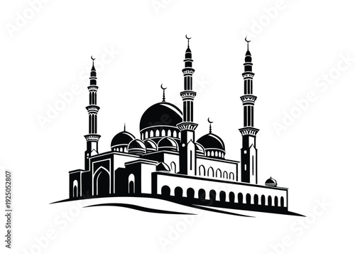 Front View Islamic Mosque Silhouette – Arabic Dome and Minaret Ramadan Vector Illustration