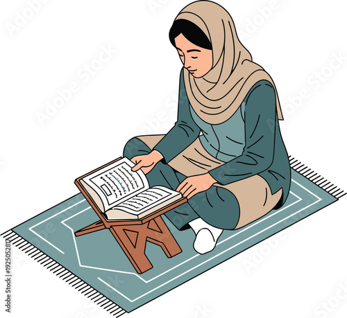 Woman reading a religious text on a prayer mat in a serene environment from a top-down viewpoint