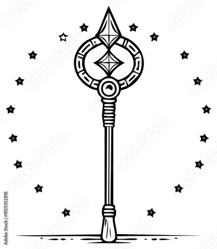 Intricate Wizard Staff with Stars Illustration for Magical Designs and Mystical Art Projects