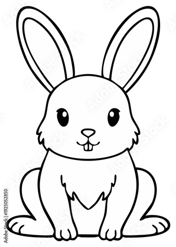 Cute black and white outline of a rabbit sitting front facing with large ears and buck teeth
