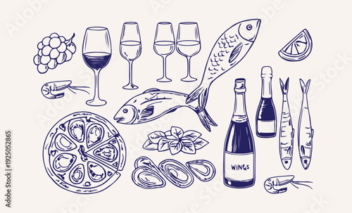 Hand Drawn Wine and Seafood Doodle Set with Fish, Oysters, Pizza and Bottles Vector Illustration