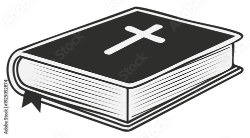 Religious Book Illustration with Cross on Cover. Depiction of Christian Beliefs, Faith, and Spirituality in Symbolic Black and White