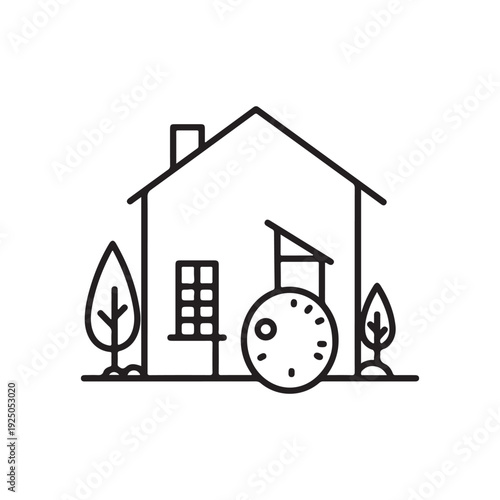 Simple line drawing of a house with a wind turbine and trees  ecofriendly home concept