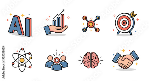 A set of icons representing AI, data analytics, teamwork, and strategy in a modern flat vector style, suitable for tech and business projects