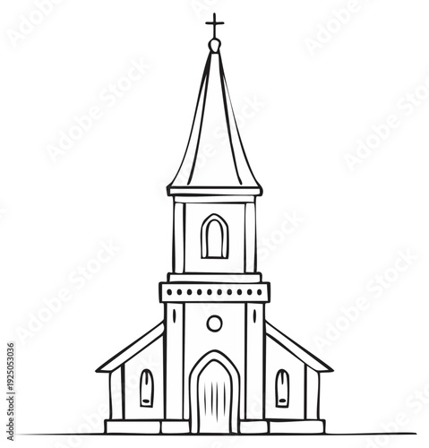 Simple Line Drawing of a Classic Church Steeple and Building Architectural Design