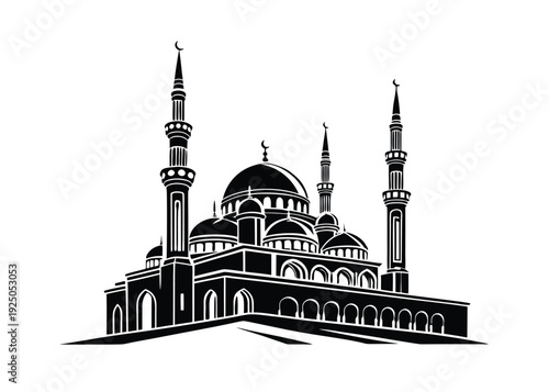 Arabic Multi Dome Mosque Silhouette – Islamic Architecture Black and White Vector