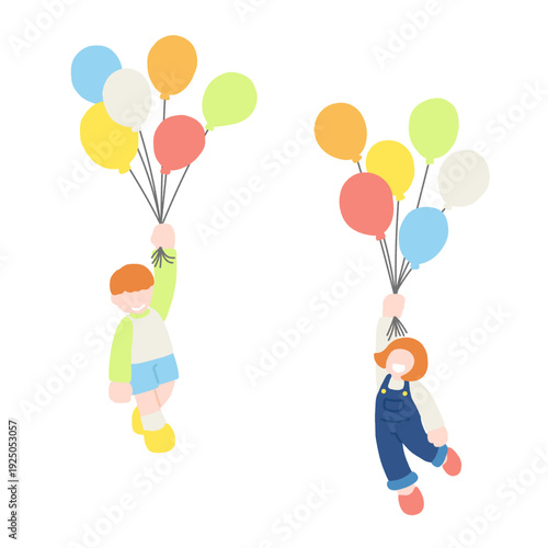 風船につかまって飛ぶこども2人のフラットなイラスト