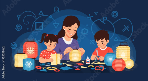 Family enjoying arts and crafts together.