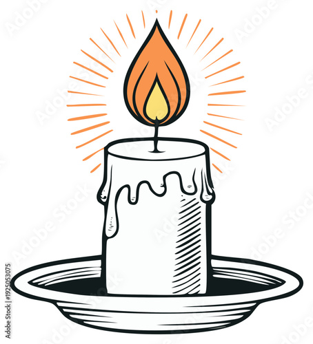 Candle Illustration with Flickering Flame and Dripping Wax on Plate, Black Outline and Orange Glow