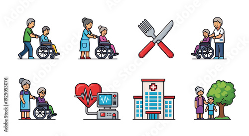 A collection of various healthcare and elderly care illustrations in colorful flat vector style, ideal for medical and wellness projects