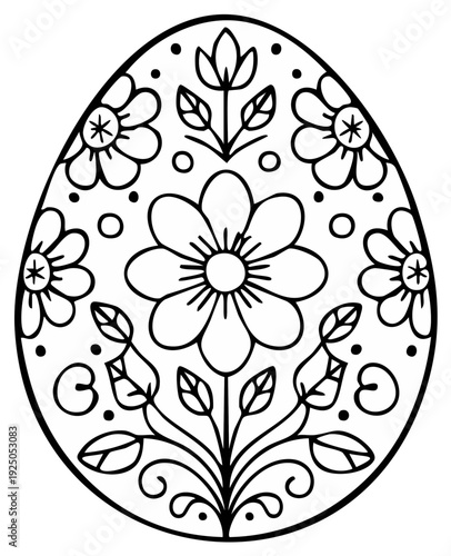 Outline illustration of a decorative Easter egg with a folk flower pattern for coloring