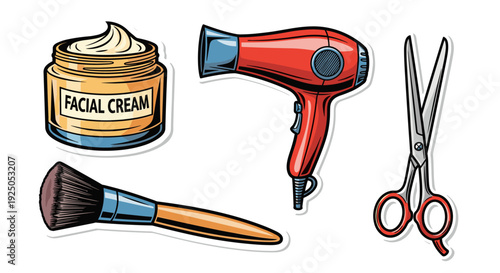 A collection of beauty salon tools including facial cream, hairdryer, scissors, and makeup brush in colorful vector style, perfect for beauty-related projects