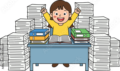 Happy school girl studying at desk with stacks of books and papers, hardworking student cartoon illustration isolated background