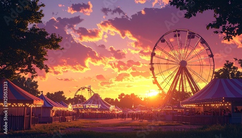 Sunset at a county fair, Ferris wheel, booths, and rides visible in the background.
