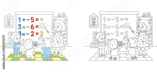 Coloring book page for kids featuring a kindergarten classroom scene with a teacher explaining math at the blackboard and happy children learning, vector outline and color example.