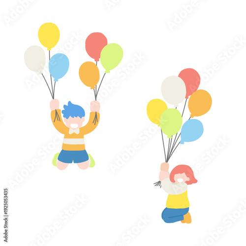 風船につかまって飛ぶこども2人のフラットなイラスト