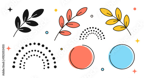 A collection of colorful leaves, circles, and abstract shapes in modern vector style, perfect for creative design projects