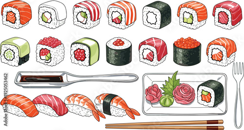 Large Sushi Platter Collection with Nigiri Maki Rolls Salmon Tuna Shrimp and Sashimi Japanese Cuisine Vector Illustration