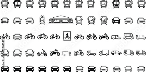Transportation icon set with cars buses trains bicycles motorcycles and trucks isolated on white background vector collection