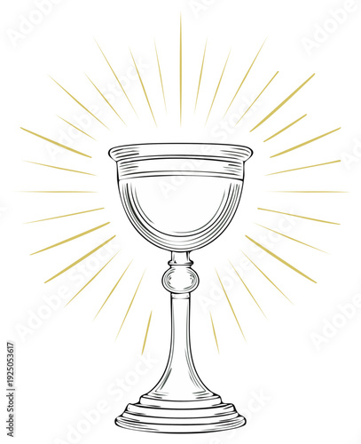 Religious chalice vector illustration with radiating light beams, holy communion symbol.
