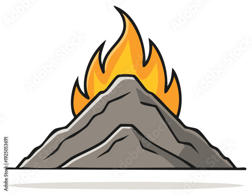 Cartoon volcanic mountain with bright fire erupting, isolated on white
