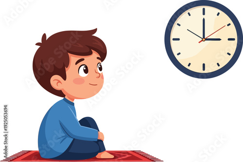 A young boy sitting on a red bed, looking at a clock on a white wall, waiting patiently for something to happen.
