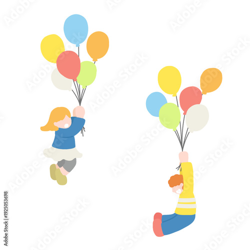 風船につかまって飛ぶこども2人のフラットなイラスト
